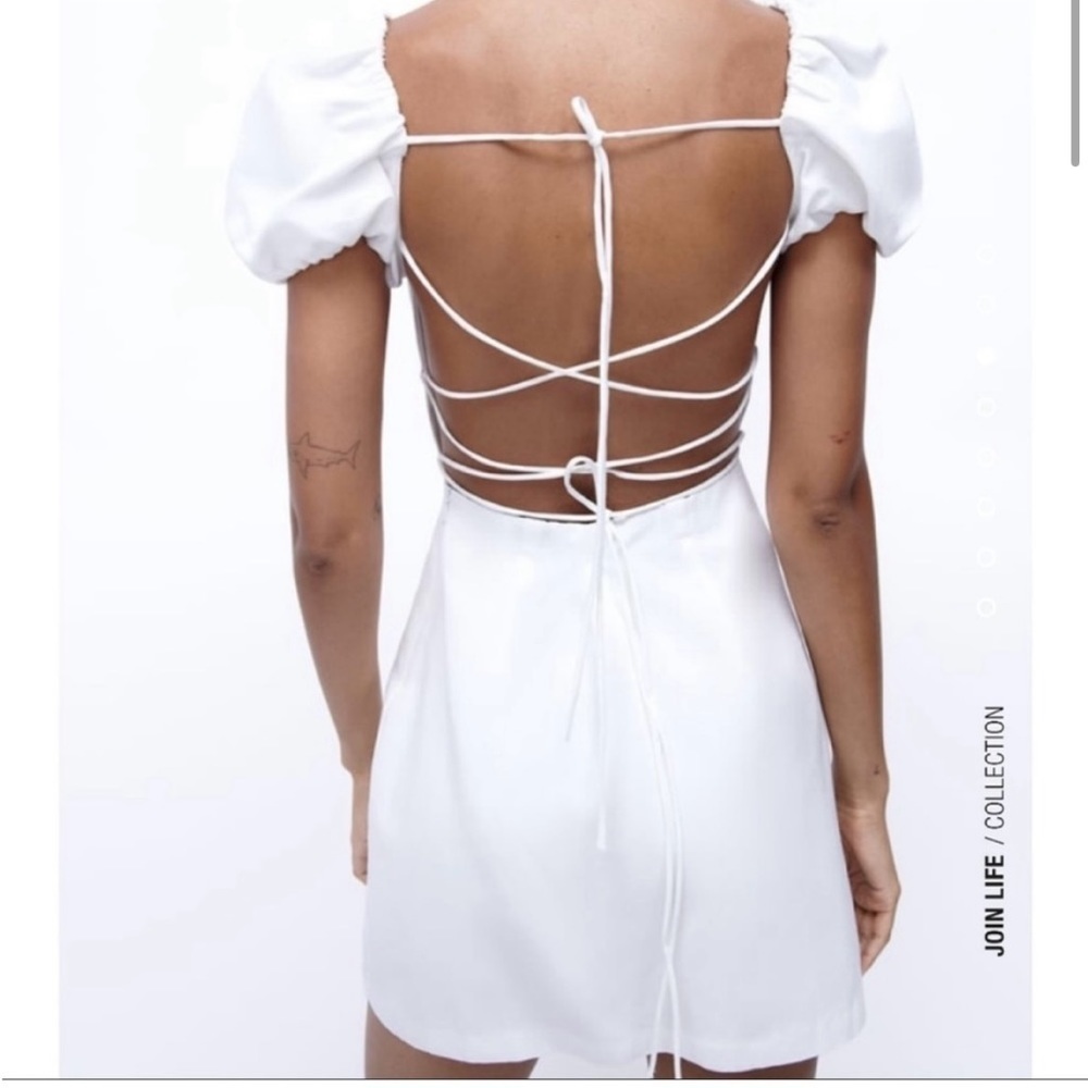 Zara Join Life Collection boho open back puff sleeve eyelet mini dress size S